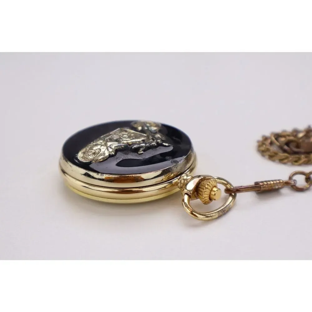 Milan Motorcycle Pocket Watch Quartz Gold Tone Hunter Case Chain Untested
